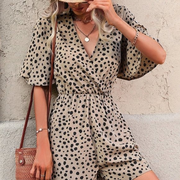 . Pants - Tan Preppy Womens Dalmatian Print Butterfly Sleeve Romper